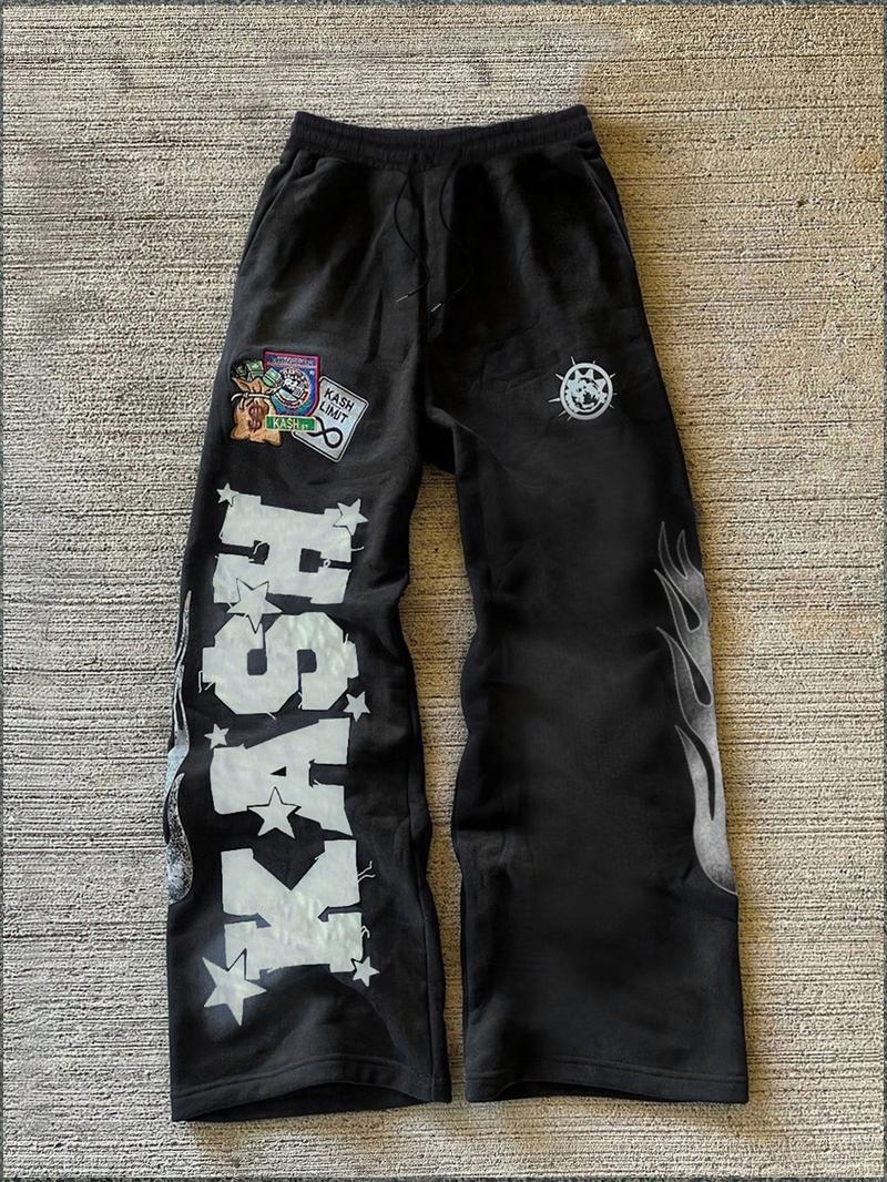 Trendy Black Fleece - lined Sweatpants with "KASH" Lettering, Star and Flame Graphics, Ideal for Street - style and Hip - hop Wear, Trending on TikTok #Sweatpants #StreetFashion #TikTokTrend, Sports Casual Pants