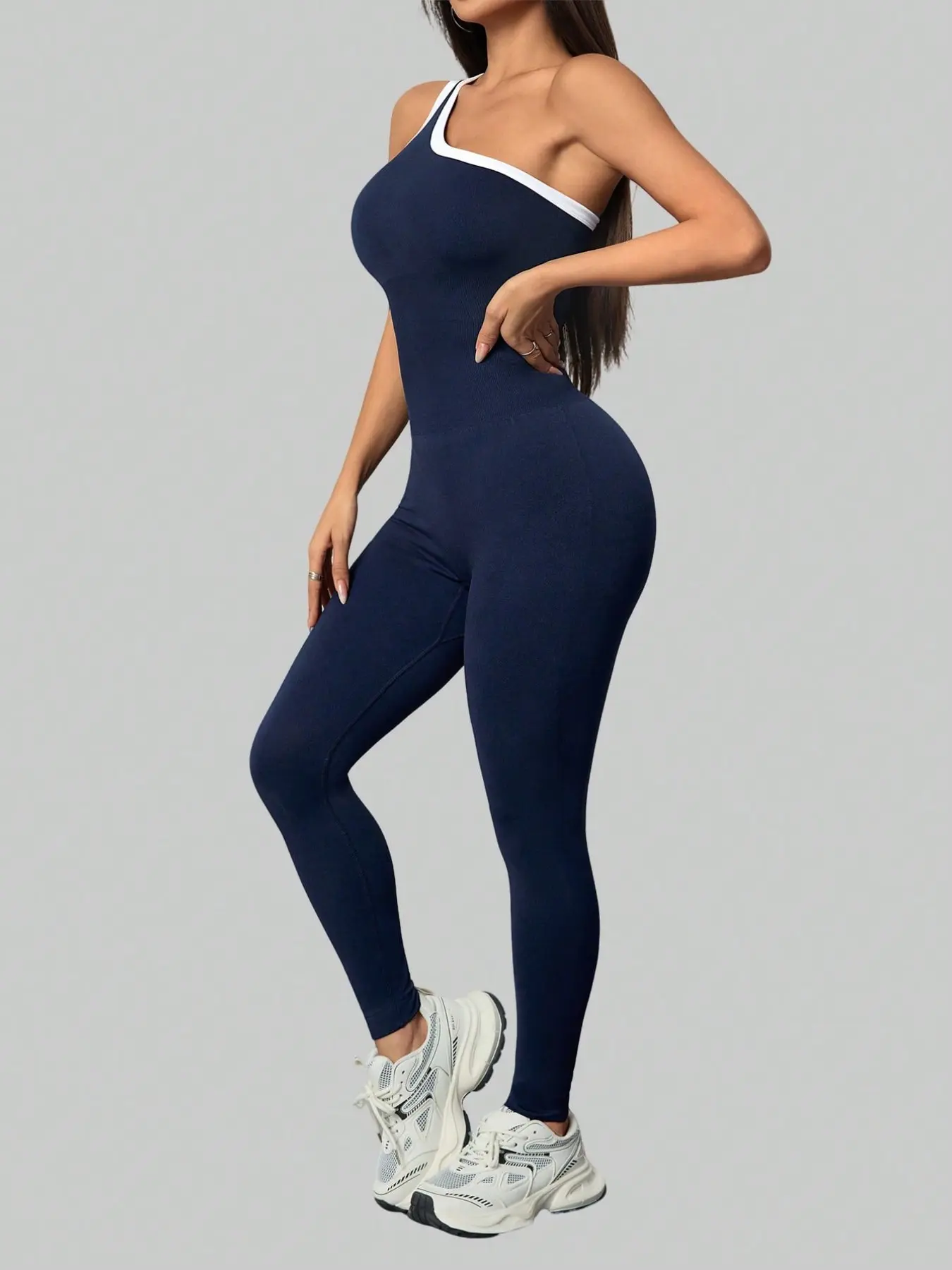 One Shoulder White Trim Seamless Compression Yoga Jumpsuit Tight Fitting Jumpsuit Tummy Control Butt Lifting Workout Gym Bodysuit Women