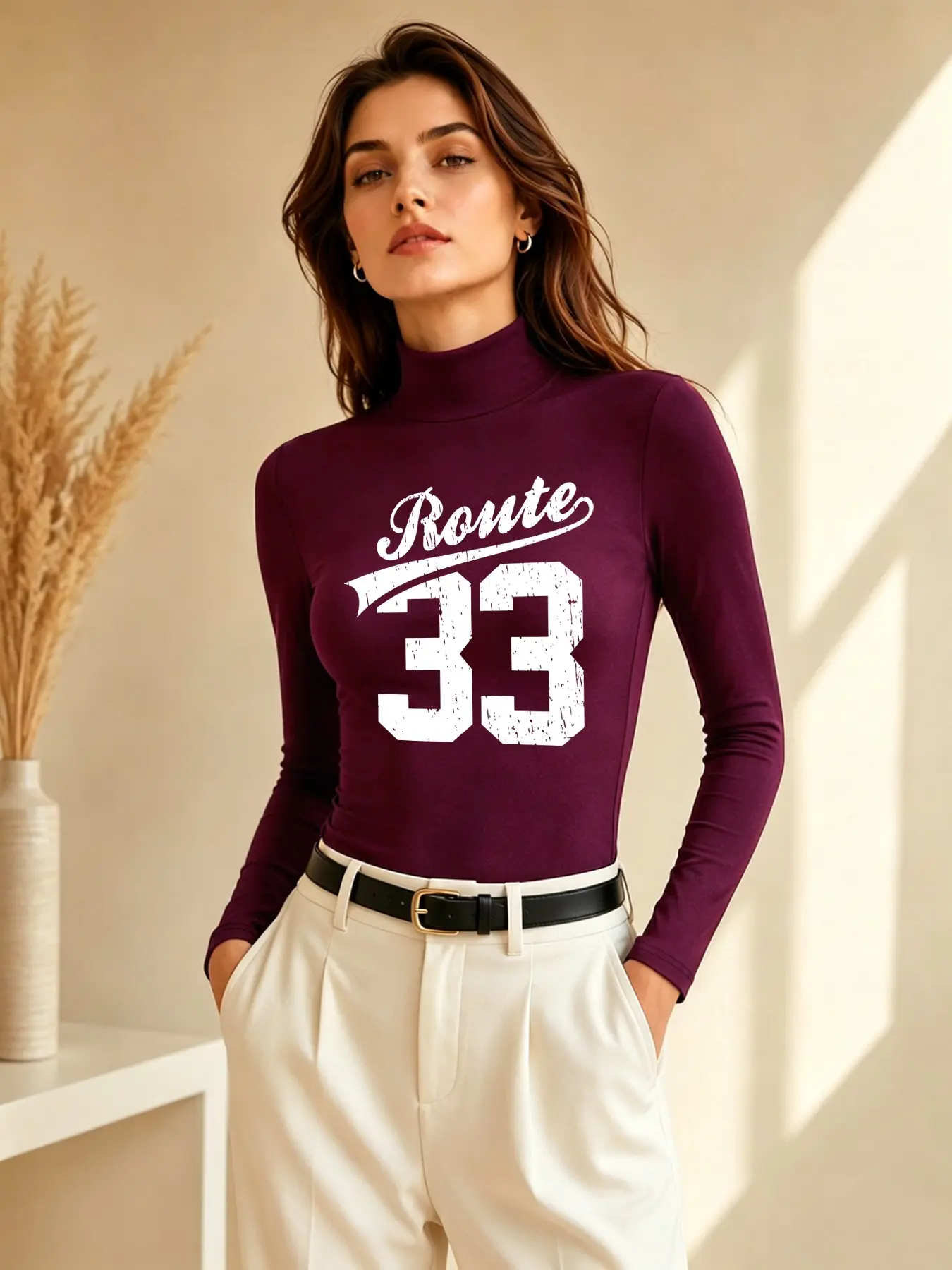 Fleece Lined Autumn Winter Solid Color Mock Neck Long Sleeve Base T-Shirt, soft and casual, great for daily wear & layering, printed with light Route33 design, vintage road trip theme