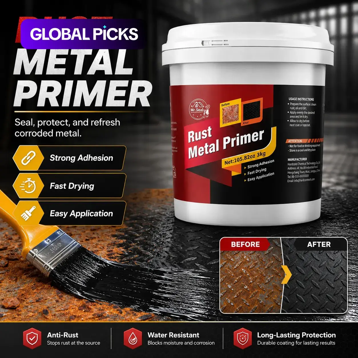 Rust-Proof Paint (1 kg, 3 kg) for Steel and Aluminum, High-Temperature-Resistant Fast-Drying Metal Paint for Garage Doors, Pipes, Car Parts and Machinery #GLOBAL PICKS