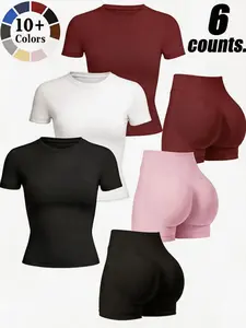 Women's Sporty Plain Suit, High-Waisted Comfortable Shorts & Quick-Dry T-Shirt Set, Ideal for Gym & Daily Wear, Four-Season Fashion