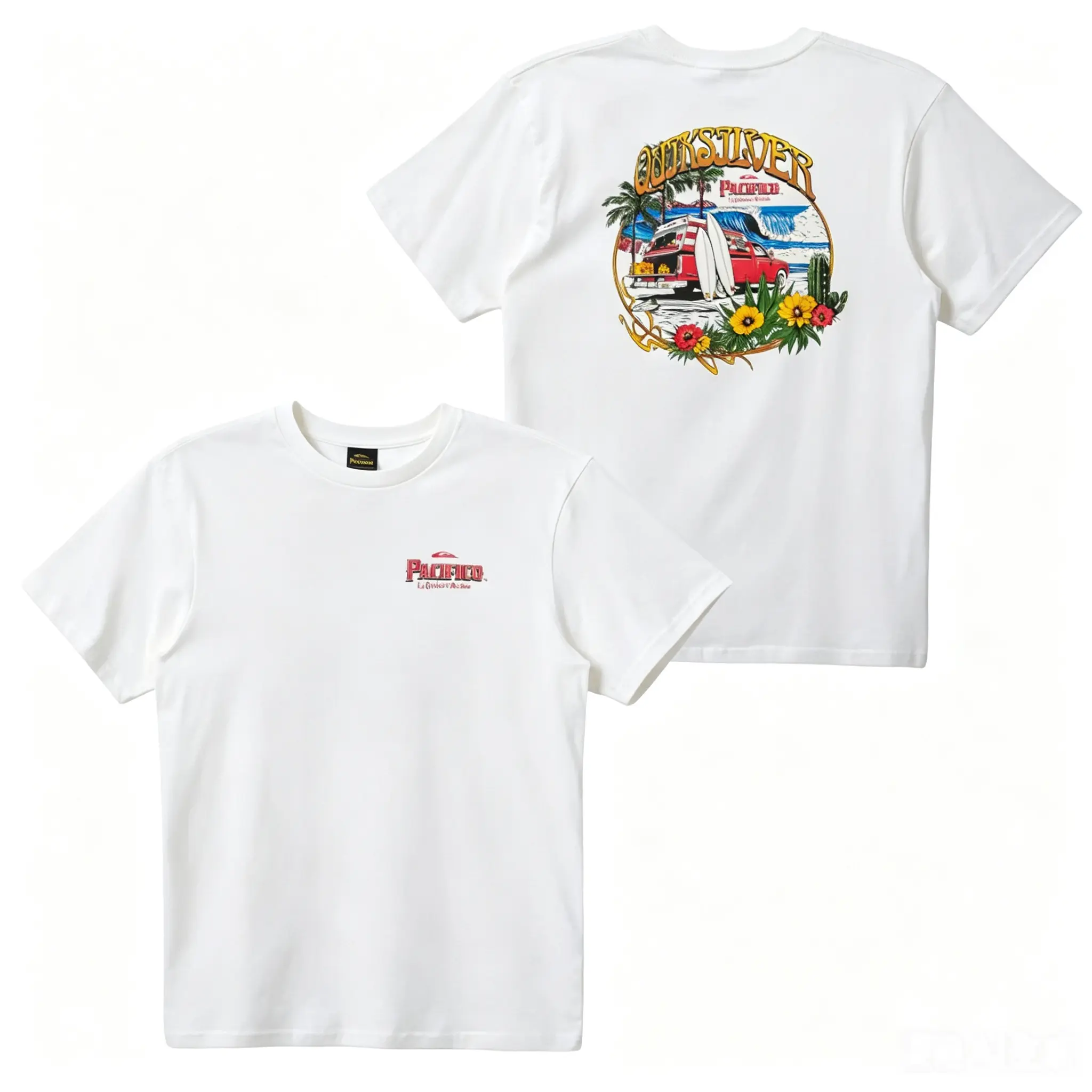Quiksilver Pacifico Short-Sleeve Graphic T-Shirt - Stylish Casual Unisex Top with Vintage Surf Van & Tropical Beach Prints on Back, Soft Cotton Fabric, Ideal for Summer Sports & Outdoor Use, Shortsleeve, Round Neck, 100% Cotton