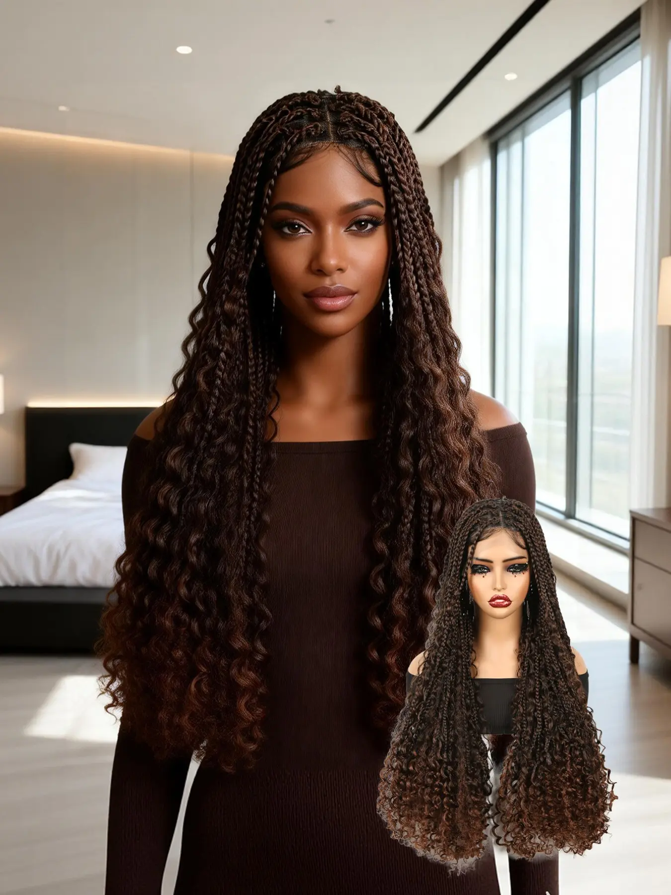 LEhan 32 Inch Braided WigFiber Full Lace Boho Curly Wig for Women Gorgeous Fluffy Wigs Synthetic Box Braid Lace Frontal Braid Wigs Bohemia Natural Scalp for Party Daily Hairstyle Ideas