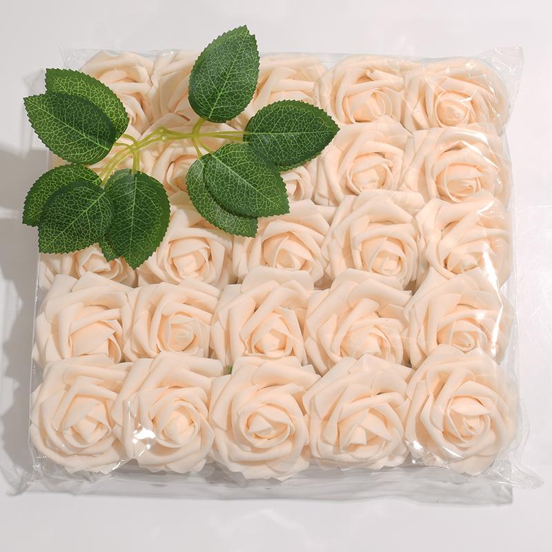 25pcs/Lot High-Grade White PE Rose Artificial Flower Head With Stem DIY Bouquet Wedding Party Decoration Scrapbook Supplies