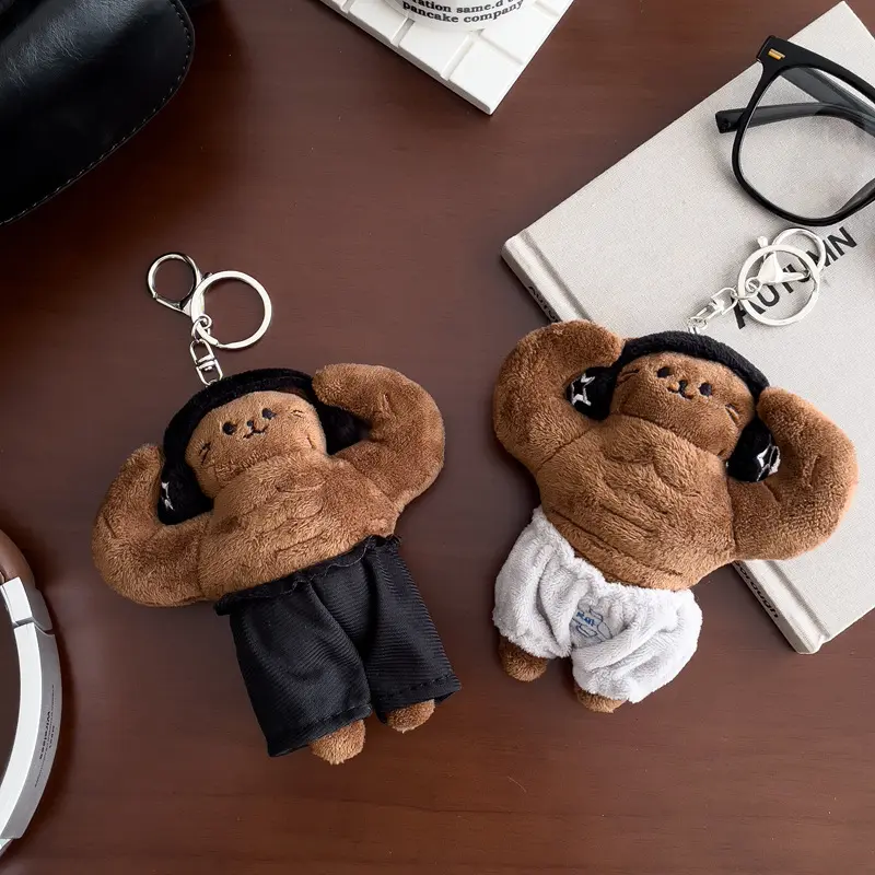 Muscle Abs Bear Buff Plush Keychain Cute Stuffed Animal Keyring Funny Bear Bag Charms for Backpack Handbag Accessories