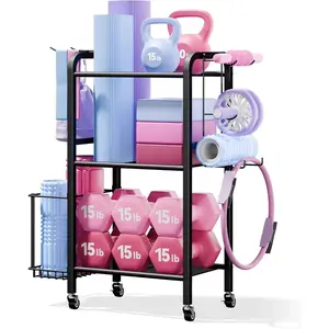 3-Tier Heavy-Duty  Gym Storage Rack with Hooks and Smooth Wheels for Workout Gear