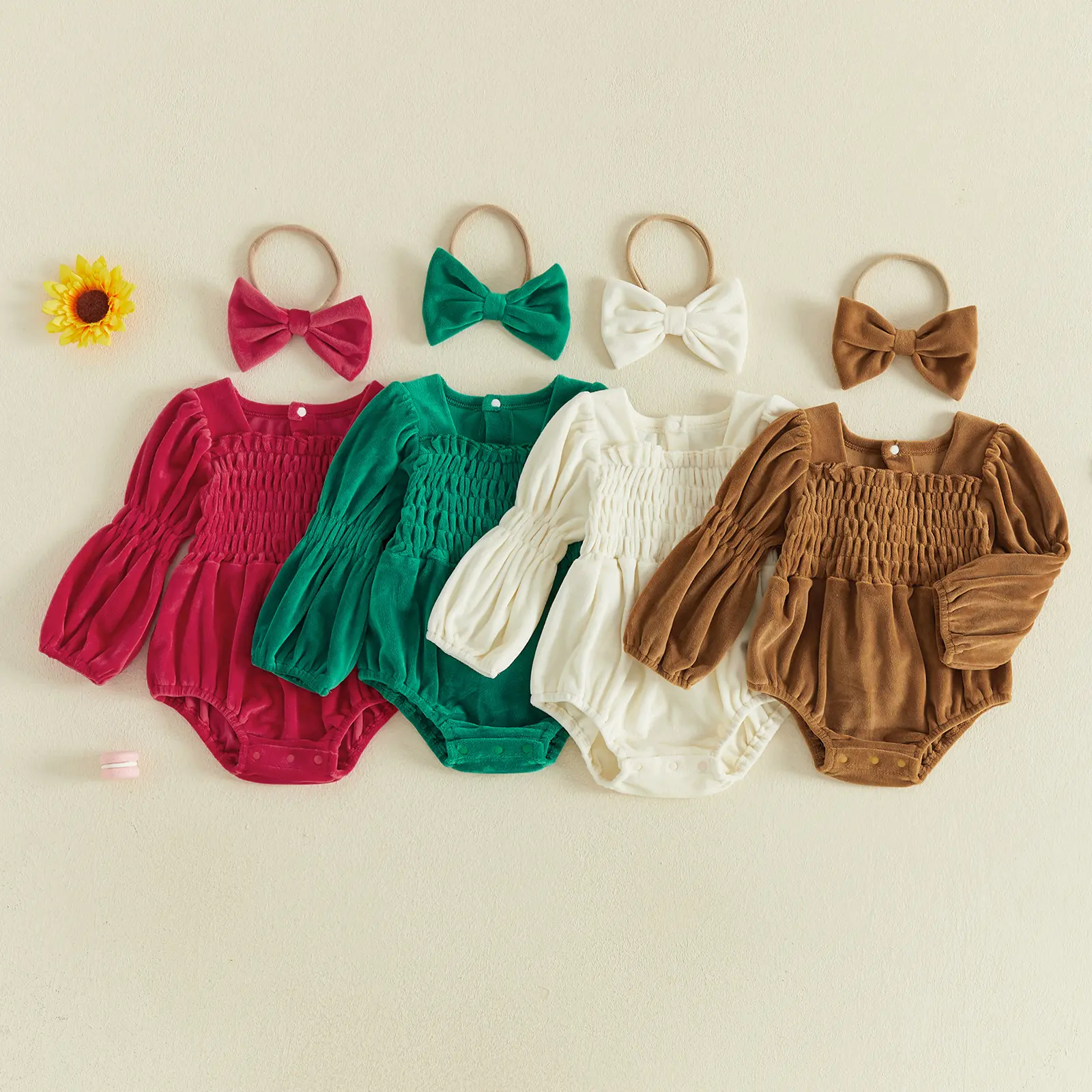 Infant Baby Girl Romper Long Sleeve Square Neck Fall  Bubble Romper and Headband Newborn Baby Girl Outfit