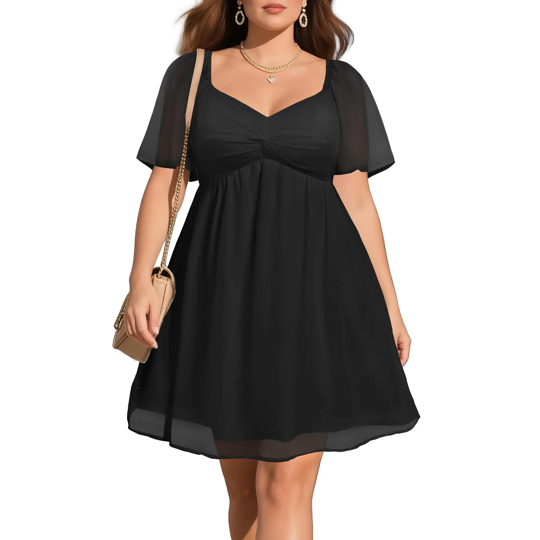 Pinup Fashion Plus Size Women's Sweetheart Neckline Dress Puff Long Sleeve Chiffon A Line Short Dresses