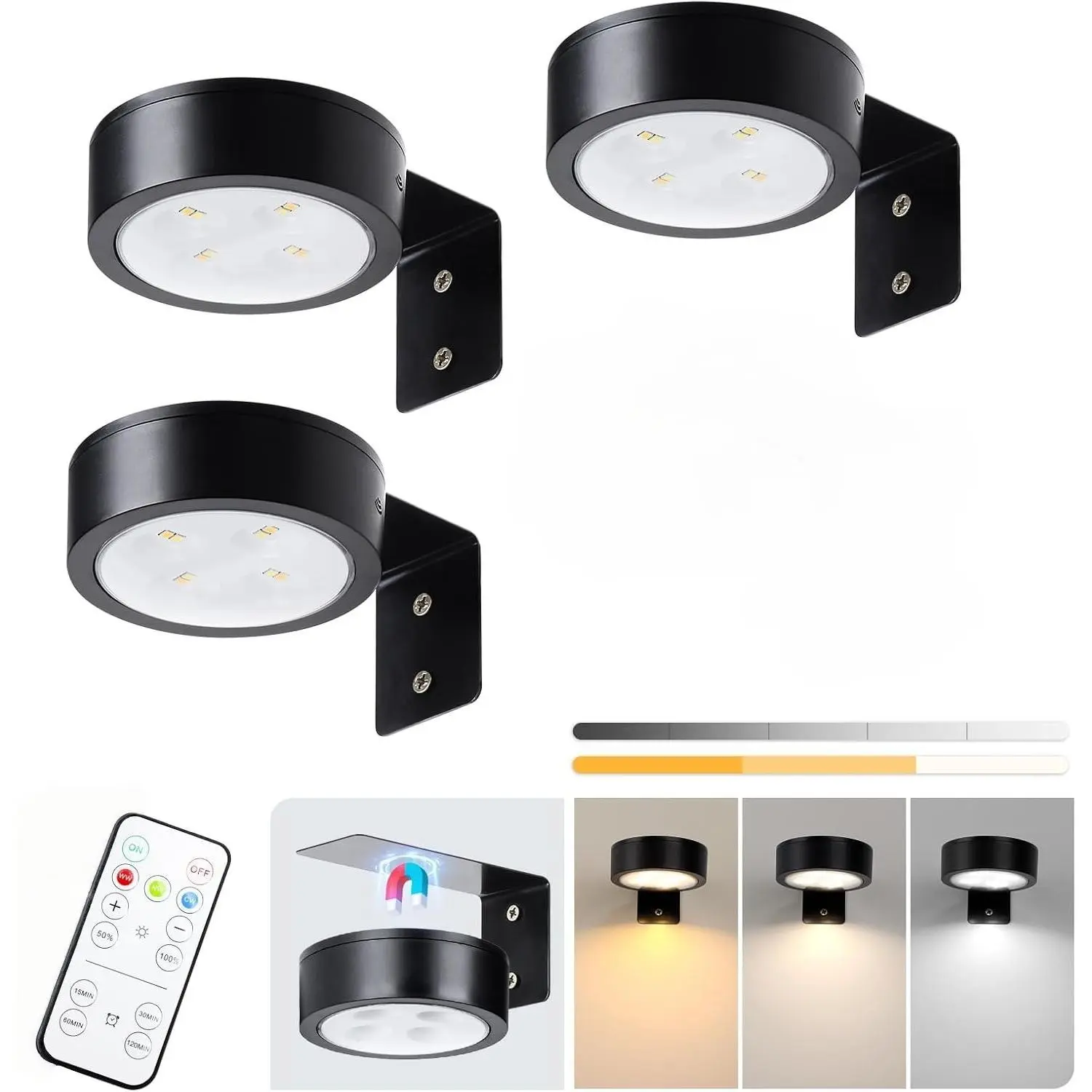 Picture Lights for Wall, Battery Powered Magnetic Lights with 3 Lighting Color Dimmable Timer Art,Poster,Gallery,Painting Display,Photos,Frame,Wall Light, Black (9 Pack)