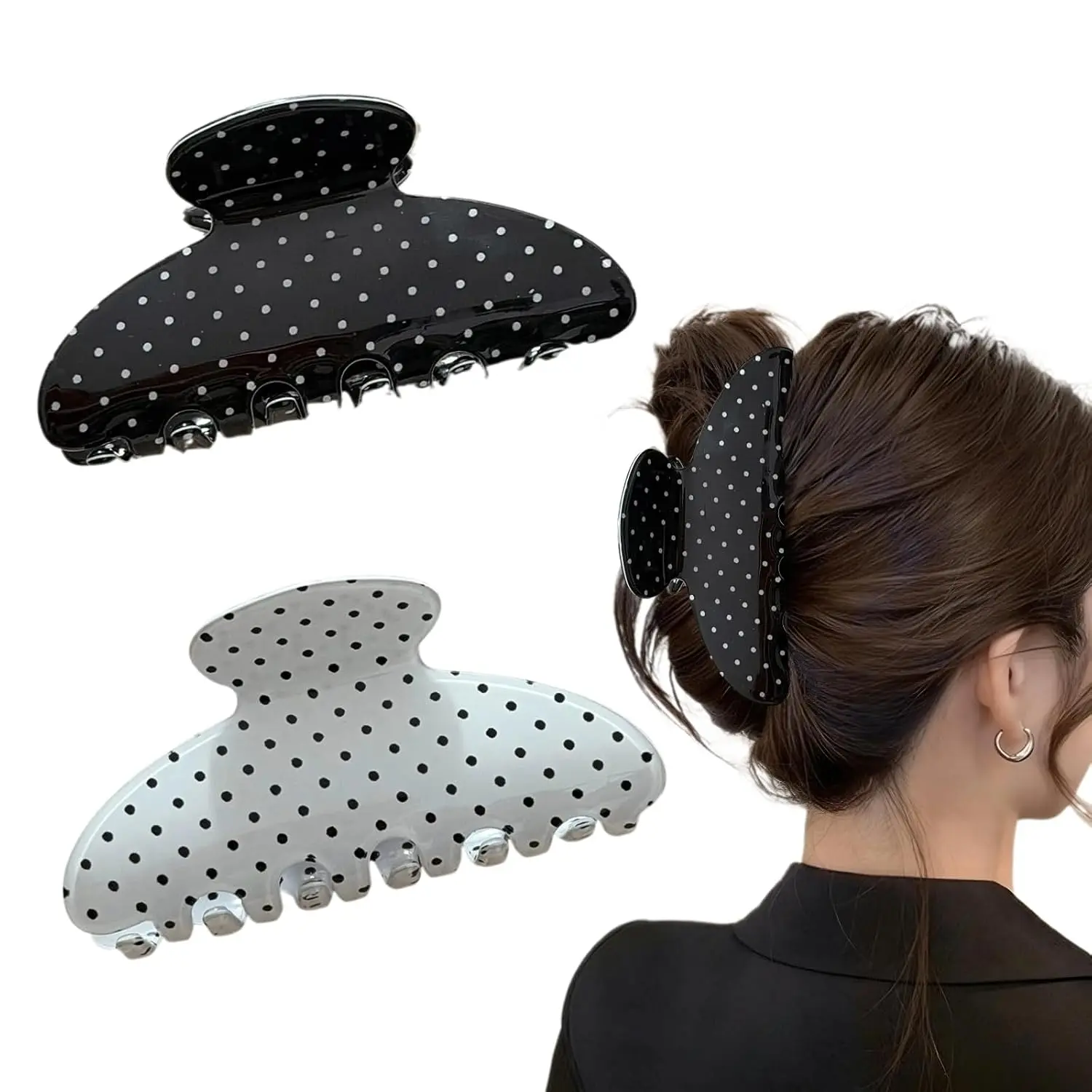 2 Pack Polka Dot Claw Clips for Women, Medium Acetate Hair Clips for Thick & Thin Hair, Non-Slip Black & White  Hair Clips for Updo Half Up Styles, Cute Fashion Hair Accessories