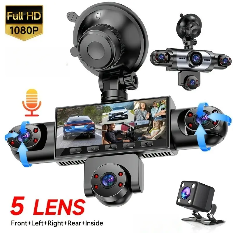 Dash Cam 5 Lens 1080P Full  360 Degree Comprehensive Coverage 5 Channel  Camera Front Rear Left Right Inner View  Screen Reverse Image Loop Recording Parking Monitor Wide Angle 64GB Storage Vehicle Installed Not Rechargeable  Power