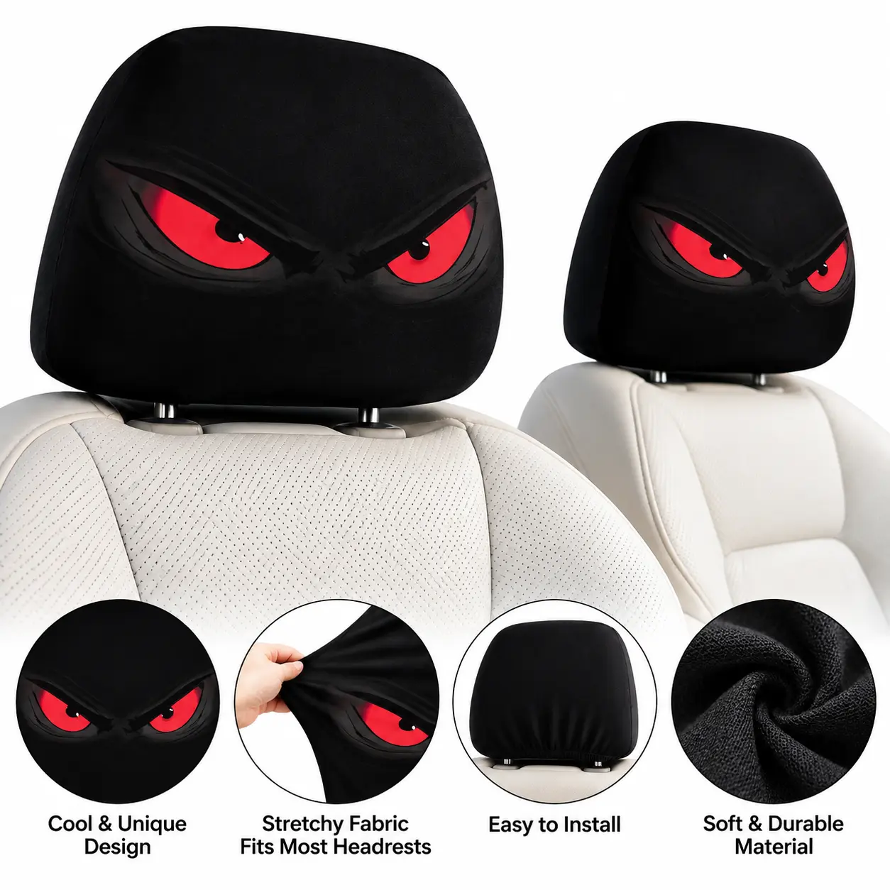 2 Pcs Universal Car Headrest Covers Glowing Red Eyes Graphic Stretch Polyester Dust Protector Slip On Head Rest Case for Auto Truck SUV Vehicle Seat