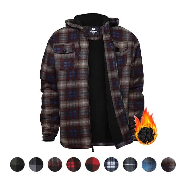 Men's Heavy Thick Flannel Checked Hoodie - Sherpa Fleece Lined, Zip-Up, Winter Warm Menswear Top - Athletic & Casual Buffalo Plaid Jacket, Tops, Long Sleeve, Polyester