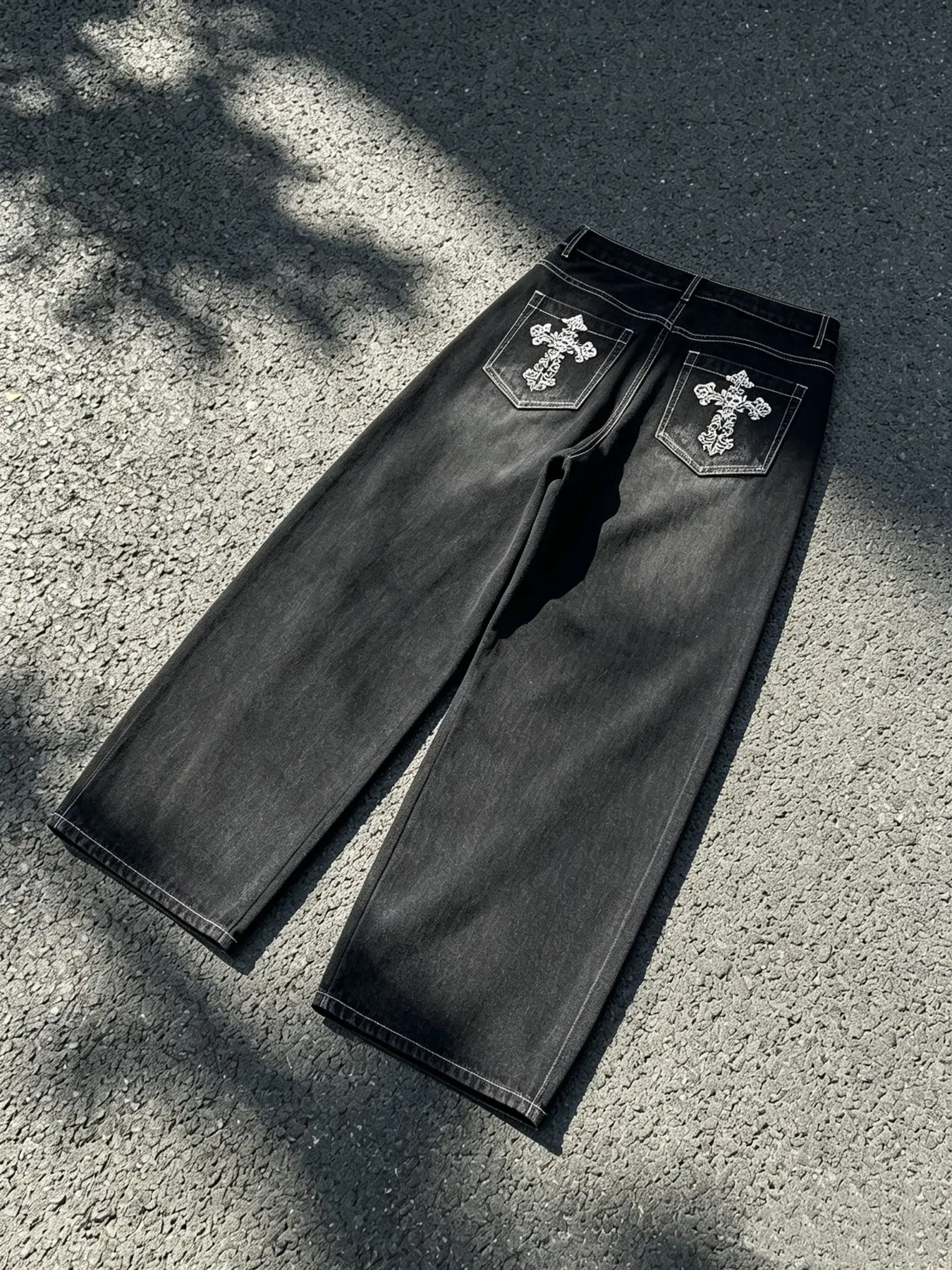 Washed Baggy Cross Embroidered Jeans, Y2K Streetwear Style, Trendy Loose Fit Denim Jeans, Perfect for Casual
