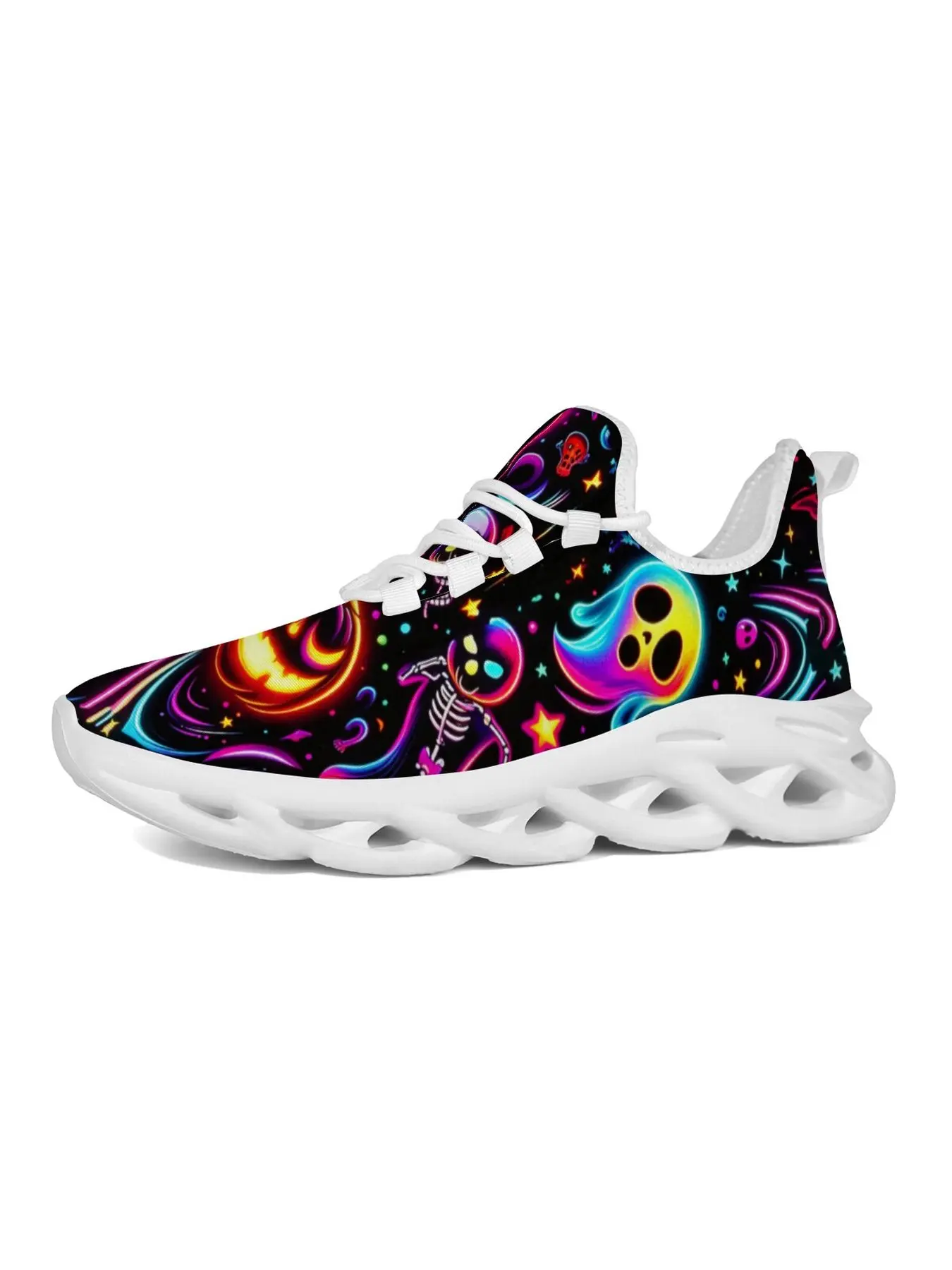 Psychedelic Neon Halloween Print Fashion Sneakers, Ghost Skeleton Pumpkin Glow Design Lightweight Breathable Running Shoes, White Thick Sole Casual Athletic Shoes Spooky Party