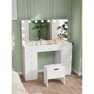 Modern 46" Makeup Vanity Desk with Built-In Power Outlet, Full-Size Lighted Mirror with 14 Adjustable LED Bulbs, 3 Color Modes, 11 Storage Drawers, Matching Soft Stool Complete Vanity Set for Bedroom
