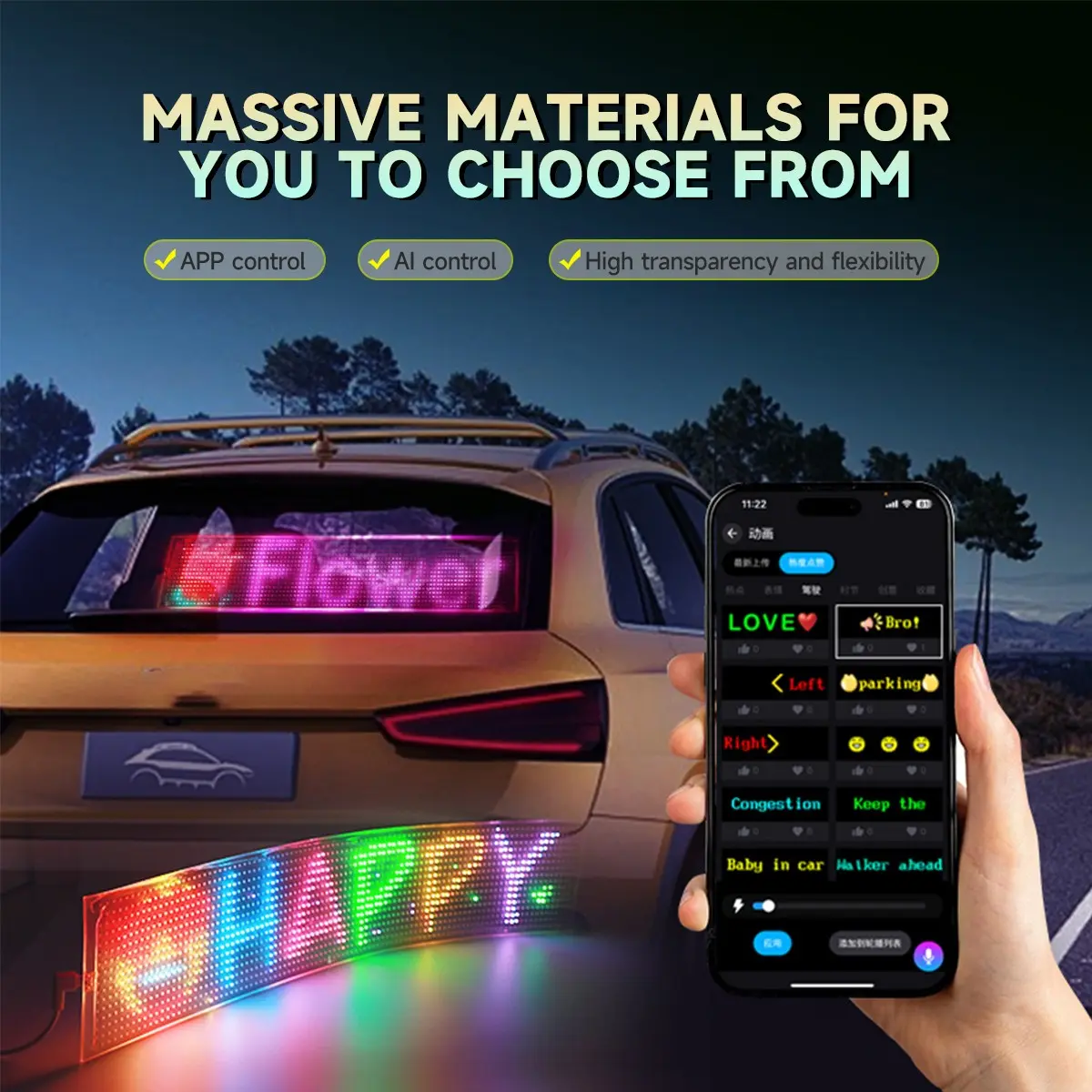 Programmable Flexible Car LED Sign, APP & Remote Dual Control Transparent RGB LED Display Panel, USB 5V Plug and Play Car Rear Window LED Message Screen with Custom Text Animation