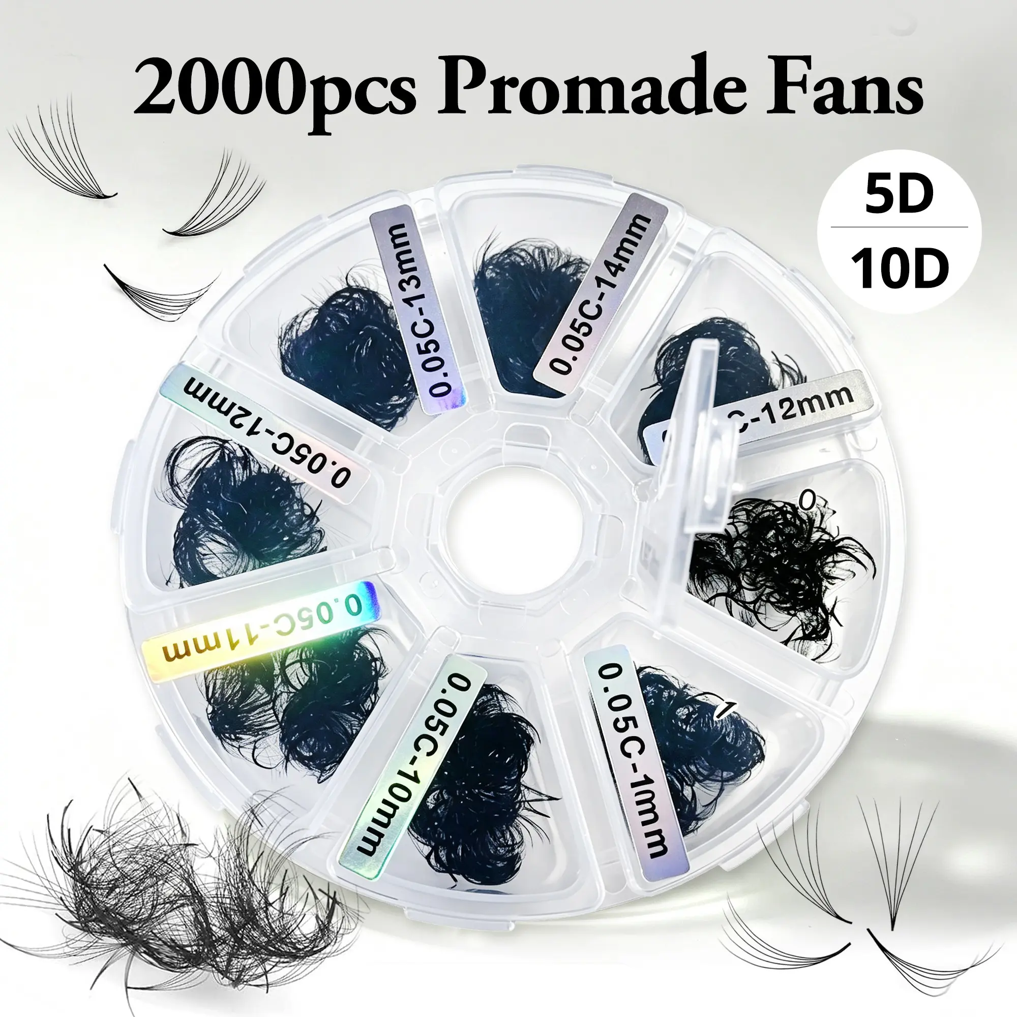 Pre-Made Fan False Lashes, 5D 10D 0.05/0.07mm C/d Curl, Mixed Length 8-15mm, Handmade, Easy Application, Bulk Pack of 2000