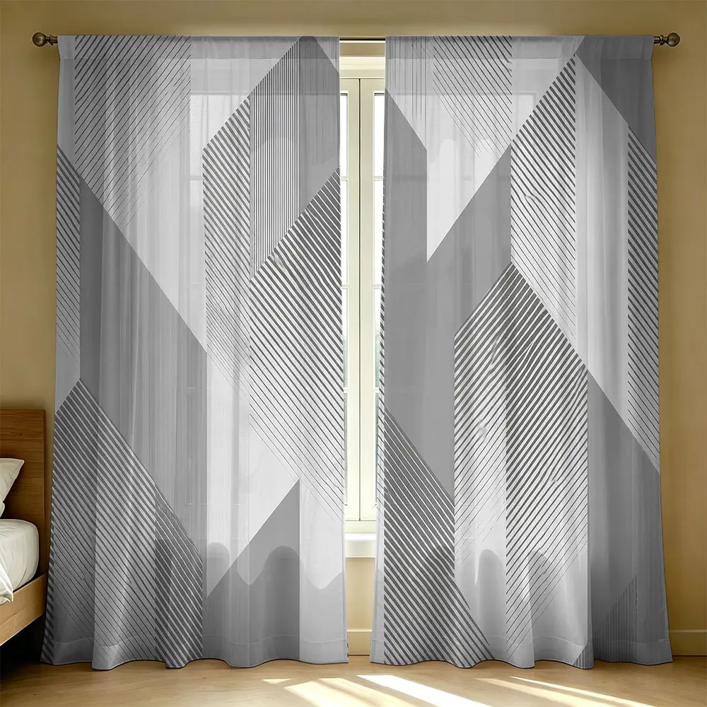 2 Panels Triangle Geometric Print Light Filtering Sheer Curtains, Rod Pocket, Semi-Transparent Drapes for Bedroom Living Room Home Decor
