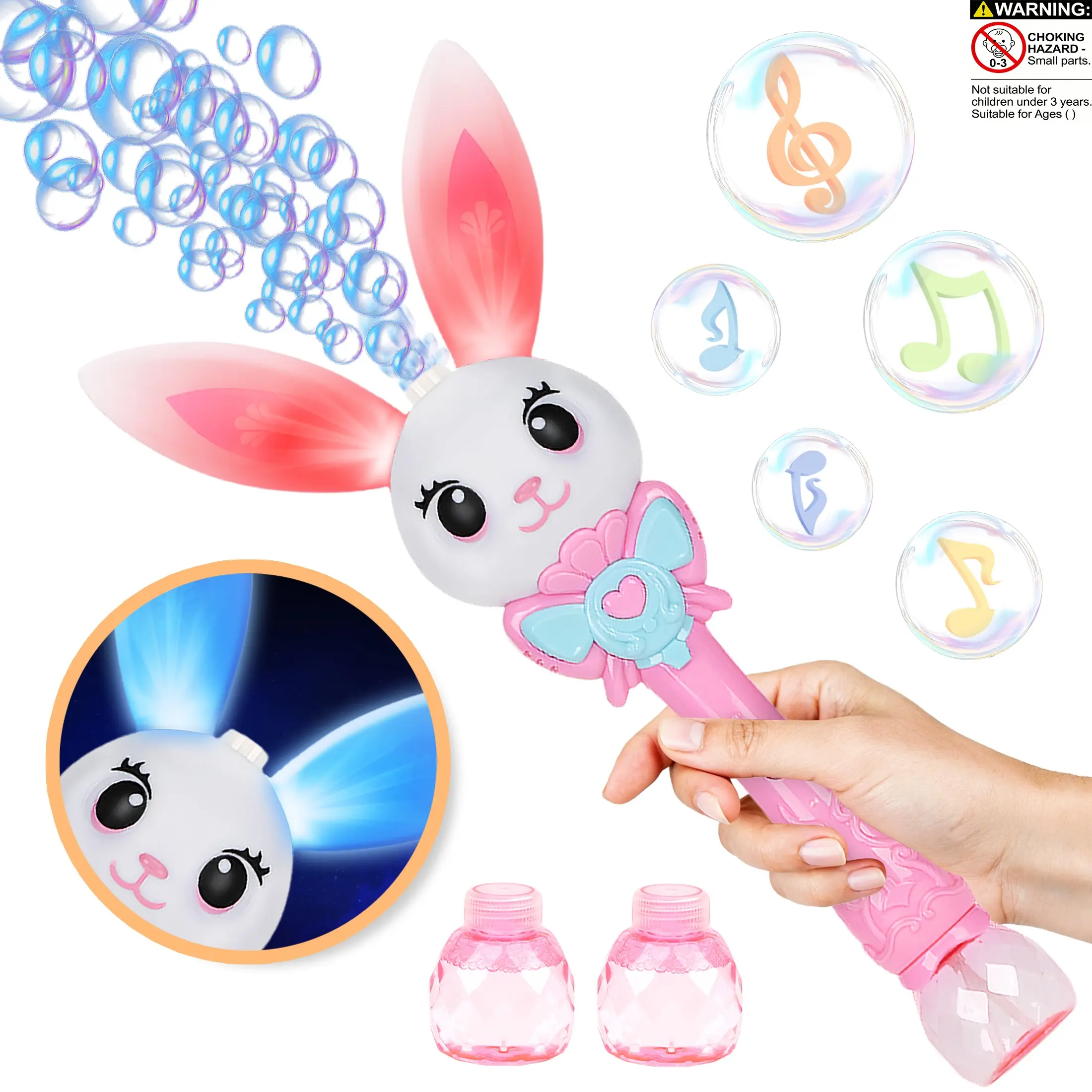 Handheld Cute Rabbit Bubble Wand with Lights and Music, Party Beach Summer Gift for Kids, Unisex, No Batteries Included