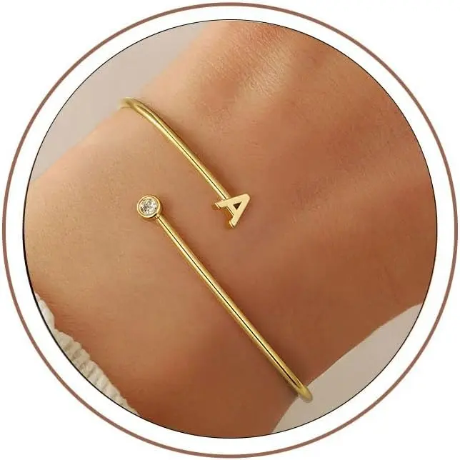 Initial Bracelets for Woen Girls, Letter A-Z Cuff Bracelets | 14K  Plated,  Initial Bracelets, Adjustable Bangle Bracelets, Dainty Cuff Bracelet Personalized Birthday Gifts
