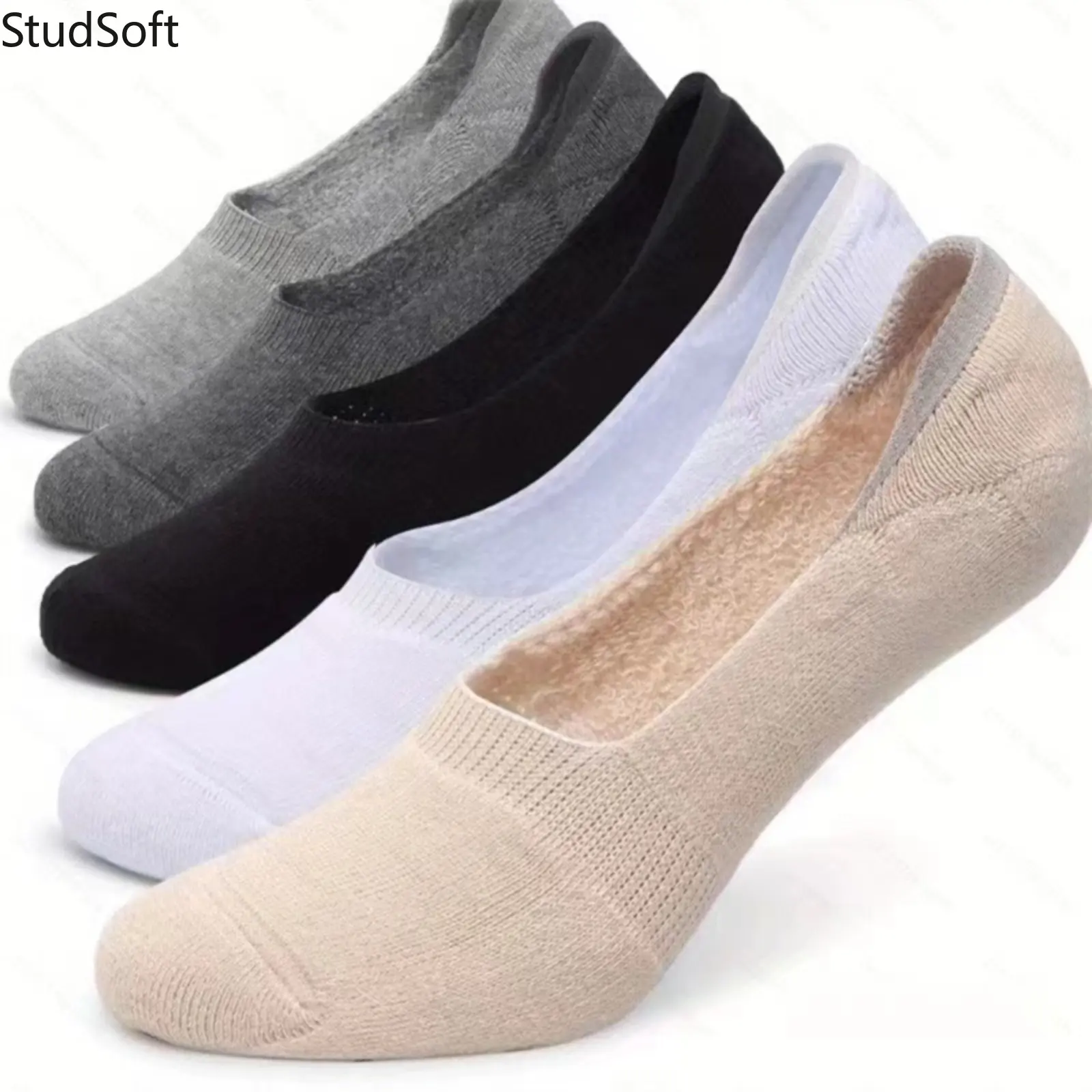Women's No Show Socks, 5 Pairs Cotton Cushioned Low Cut Liners with Anti-Slip Grip, Breathable Footwear for Flats and Loafers, Standard Sizes, 5Pc-1, Short Length