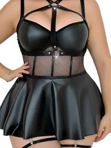 Glam Plus Size PU Leather Dress | Strappy Mesh Flared Skirt Underwear for Festival & Daily Wea