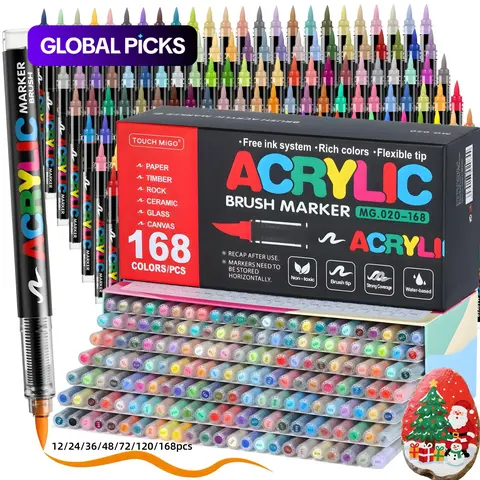 Acrylic Paint Markers Set, Painting Set, Soft Brush Tip Acrylic Paint Pens for Wood Rock Glass Canvas Stone Fabric Glass Metal Ceramic Canvas DIY Crafts Art Supplies, Art Materials, Back to School, Gift, Acrylic Art Kit #GLOBAL PICKS