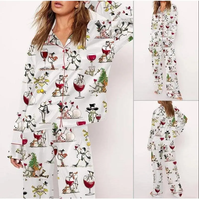 Funny Snowman Wine Pajamas Set Holiday Drink Character Printed Long Sleeve Satin Top Long Pants for Women 2 Piece Luxury Sleepwear Home Wear WHITE