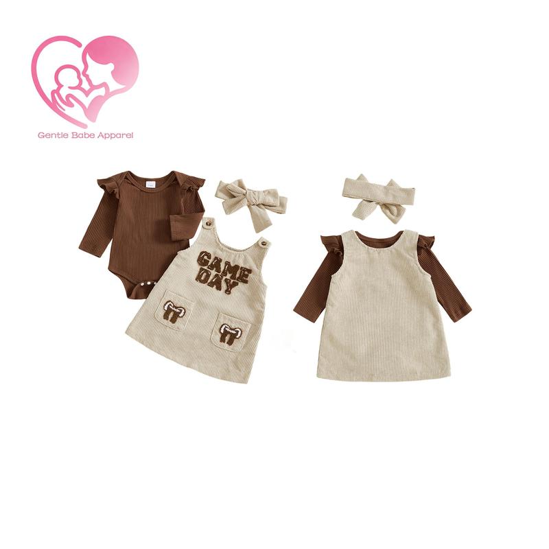 (95% Cotton) GBA Baby Girls Fall Outfit, Long Sleeve Romper with Embroidery Letters Overall Dress and Headband, Casual Baby Girls Set