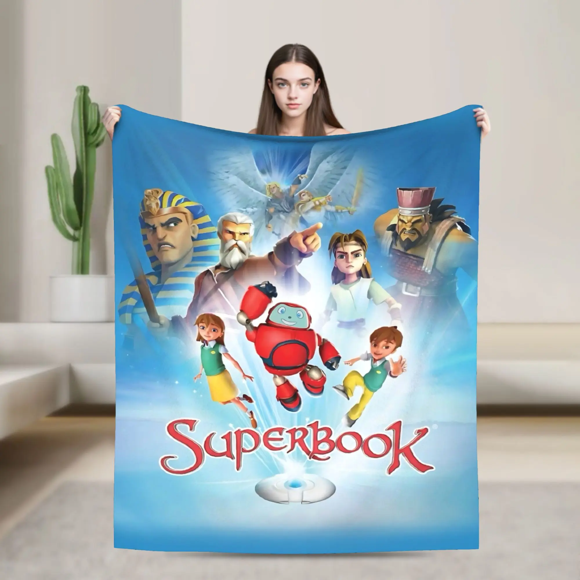 Superbook Chris Joy Gizmo Main Character Poster Flannel Throw Blanket Bible Cartoon Animation Warm Blanket Gift Superbook Fans All Ages
