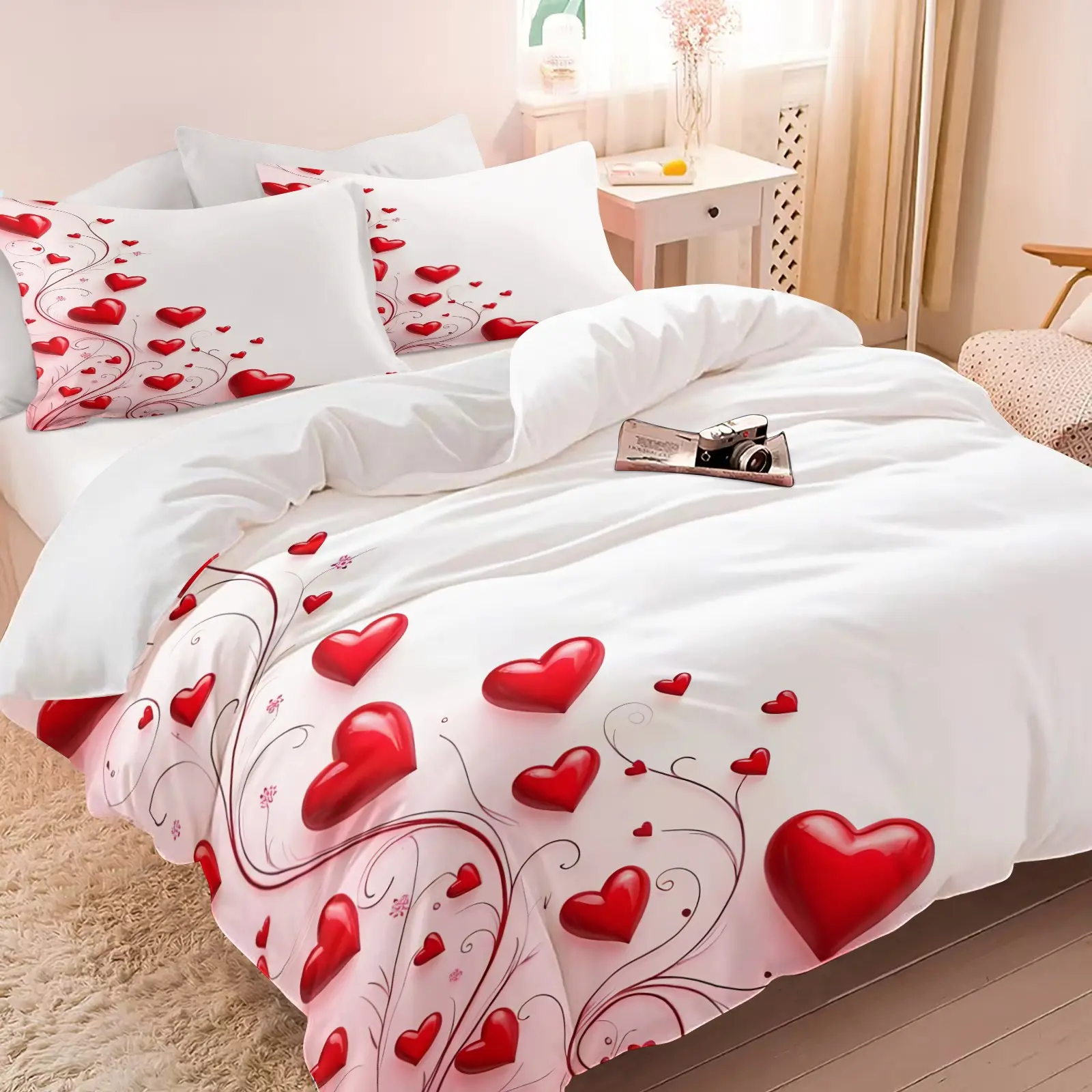 Valentine's Day Bedding Set, Print Bedding Set, Romantic Red Heart-Shaped Duvet Cover Set, Suitable for Wedding Rooms, Couple's Master Bedrooms, Valentine's Day Gifts, Home Decorations (Includes 1 Comforter Cover + 1 or 2 Pillowcases)