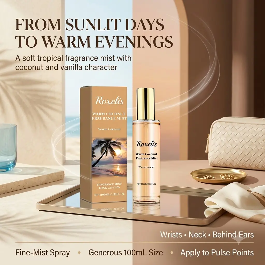 Coconut Vanilla Sandalwood Perfume Spray, Warm Sweet Tropical Fragrance with Coconut, Vanilla and Sandalwood, Fresh Personal Scent for Daily Wear, Date Night, Evening, Travel and Special Events