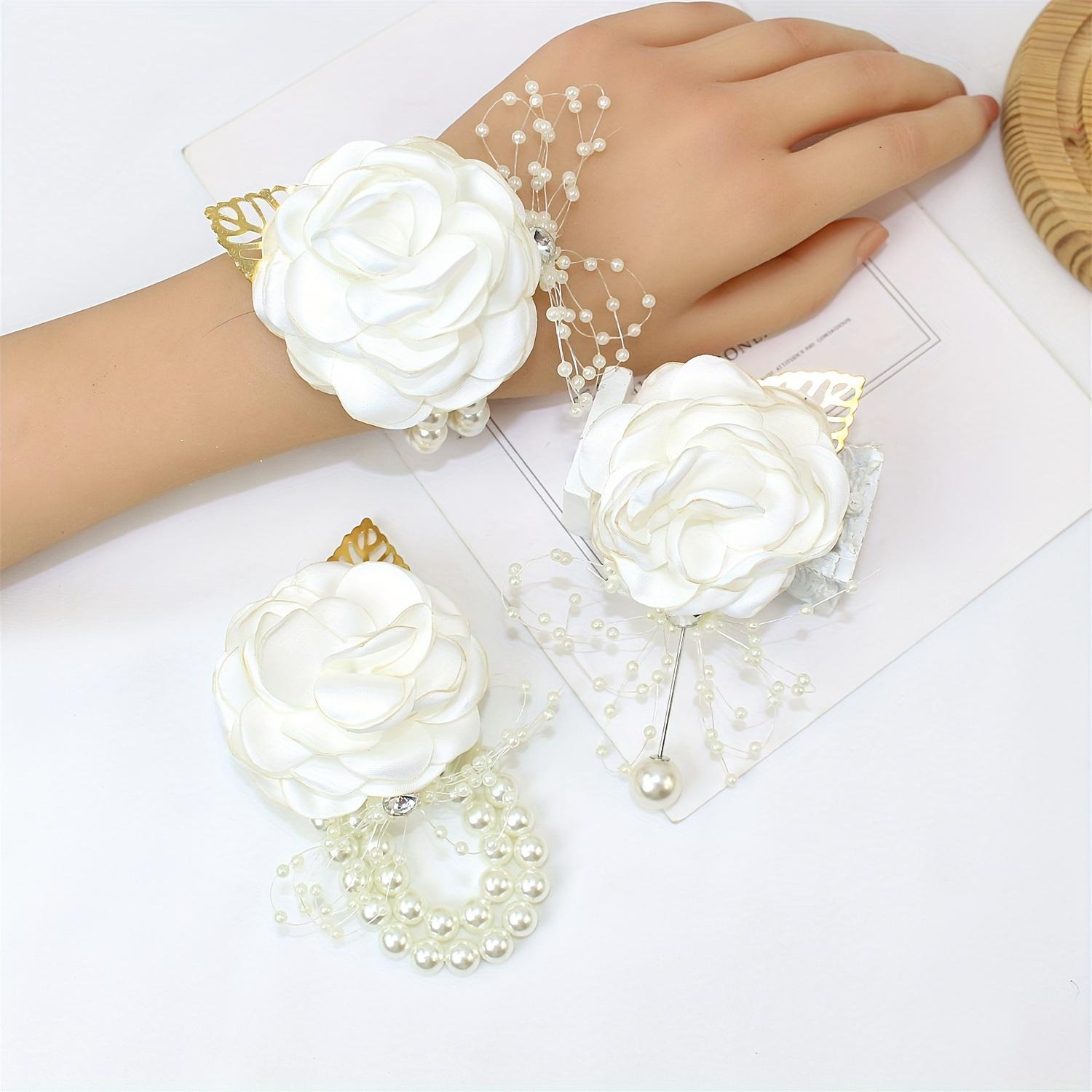 2-piece set of corsage and wrist corsage, artificial jasmine adjustable wristband classic style bridesmaid wrist corsage, groom's bridesmaid corsage Wedding
