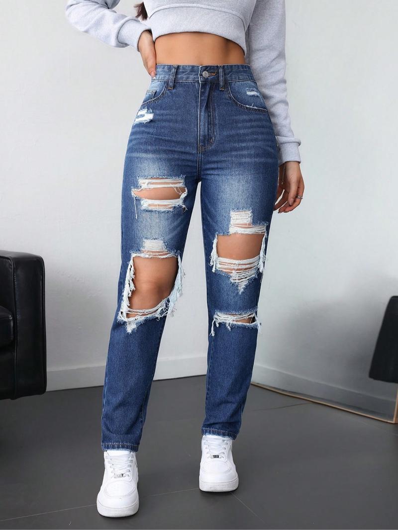 Women's High-Waisted Straight Leg Ripped Jeans Pants, Casual Comfortable Street Style Spring Fashion, Fitted Long Regular Fit