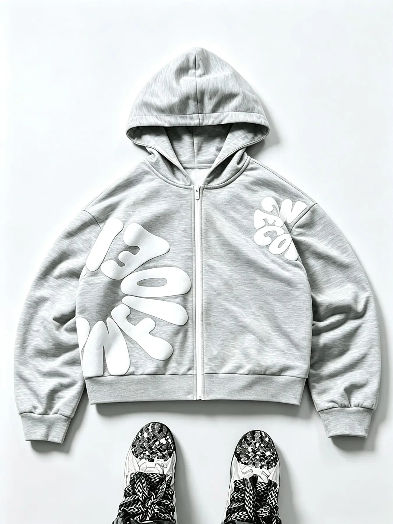 Men's Heather Grey Cropped Zip Up Hoodie Jacket, 3D Puff Bubble Big Letter Graphic Oversized Loose Boxy Y2K Hip Hop Streetwear Full-Zip Hooded Sweatshirt with Kangaroo Pocket for Men