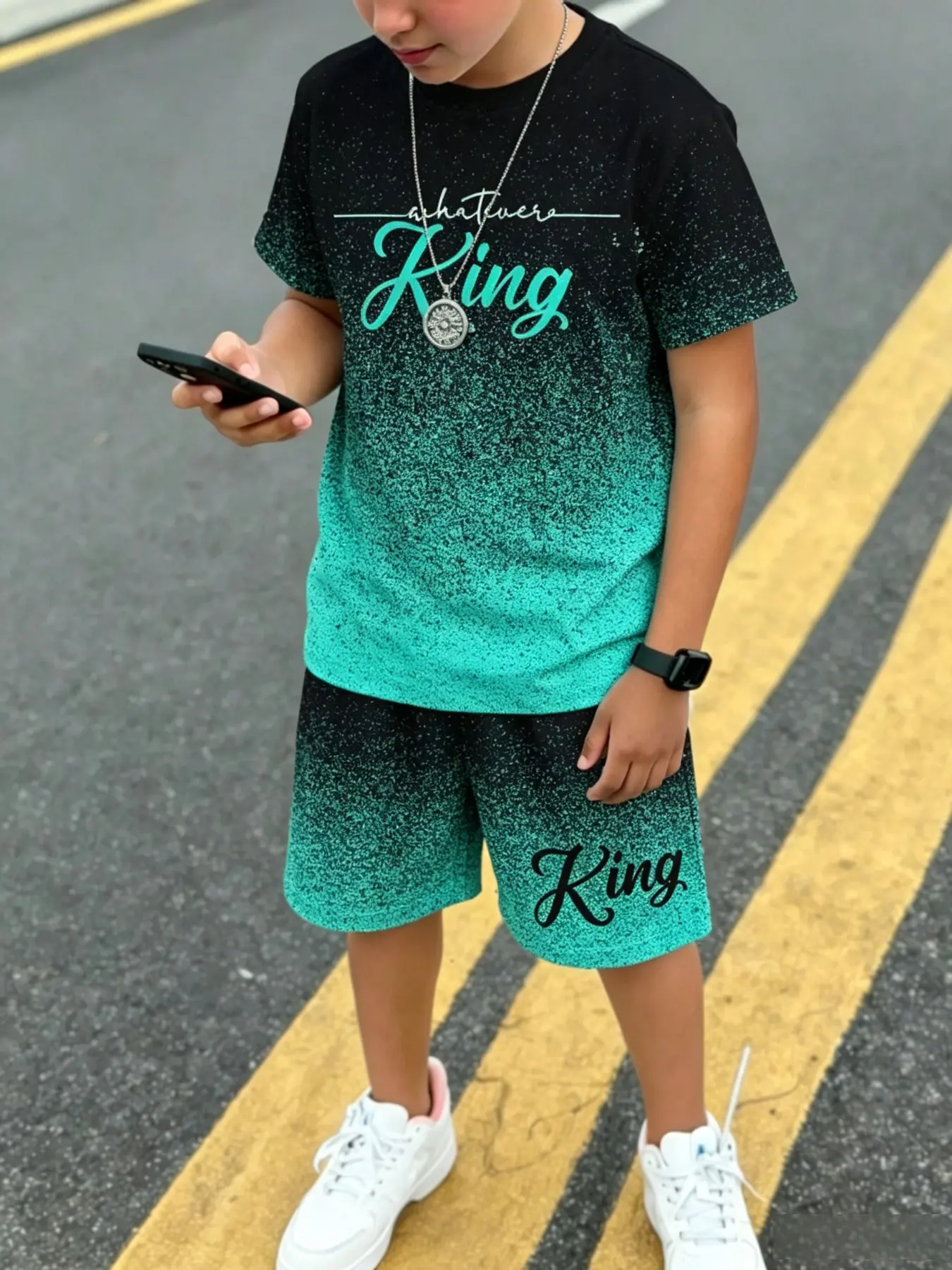 American Style Short Sleeve Set, Boy Peach Color Relax Letter Tee, Vintage Graffiti Shorts, Loose Fit, Sporty, All Seasons, Graphic Print Set
