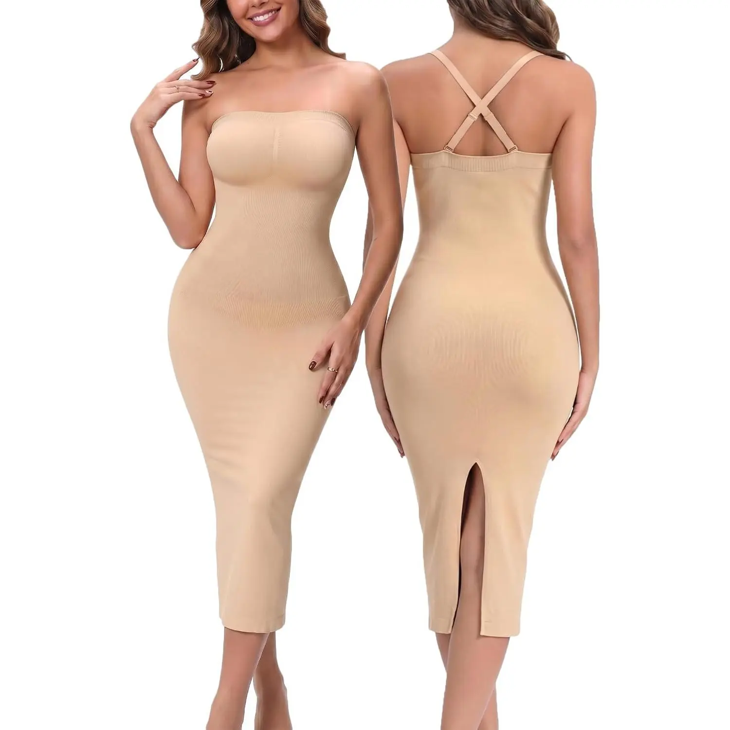 Strapless Shapewear Slip for Women Under Dress Full Slip Skirt | Wireless Long Slip Full Body Shaper with Removable Straps & Back Slit