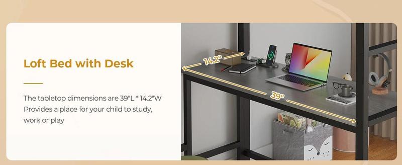 Sikaic Twin Size LED Loft Bed Frame with Desk and 8 Drawers Grey Safety Guardrail Effective Space Saving