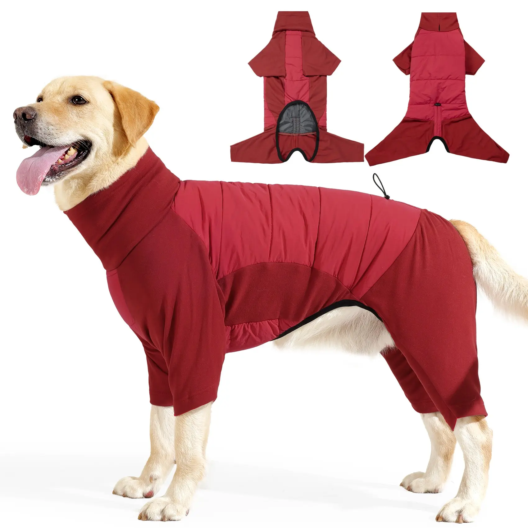 Full Body Dog Winter Coat Warm Fleece Pullover Pajamas, Four Legs Covered Windproof Dog Jacket for Small to Large Dogs, Turtleneck Dogs Snowsuit, Pet Cold Weather Clothes, Red