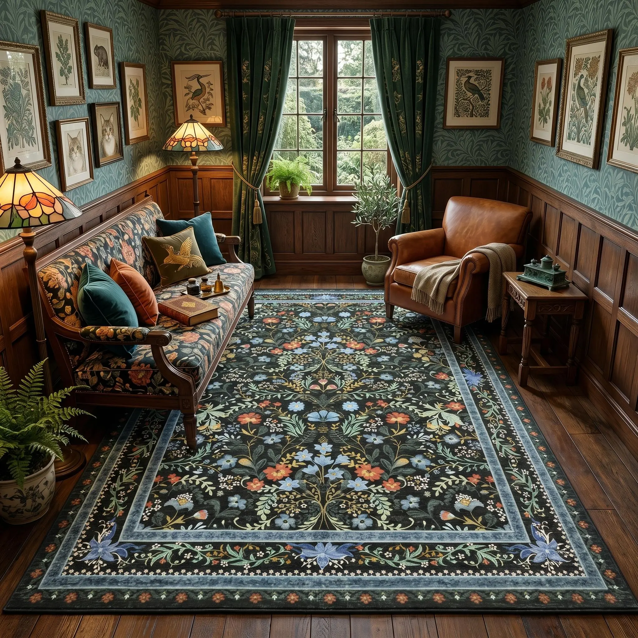 Washable Vintage Floral Border Printed Area Rug Ultra Thin Foldable Soft Non Slip For Bedroom Living Room Office Game Room Farmhouse