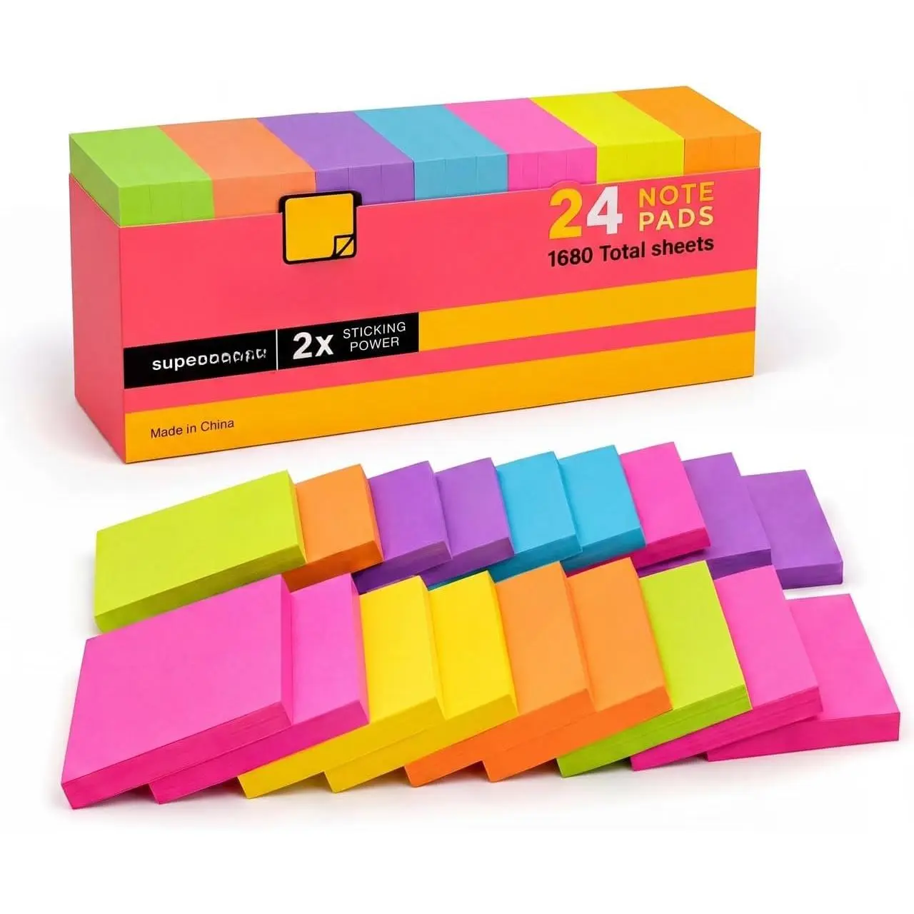 Sticky Notes, 24 Pads, 1680 Sheets , 3x3 in Bright Neon Colors, 2X Super Sticky Self-Stick Note Pads for Office, School, , Bulk Pack 70 Sheets Per Pad,  Hold Memo Notes