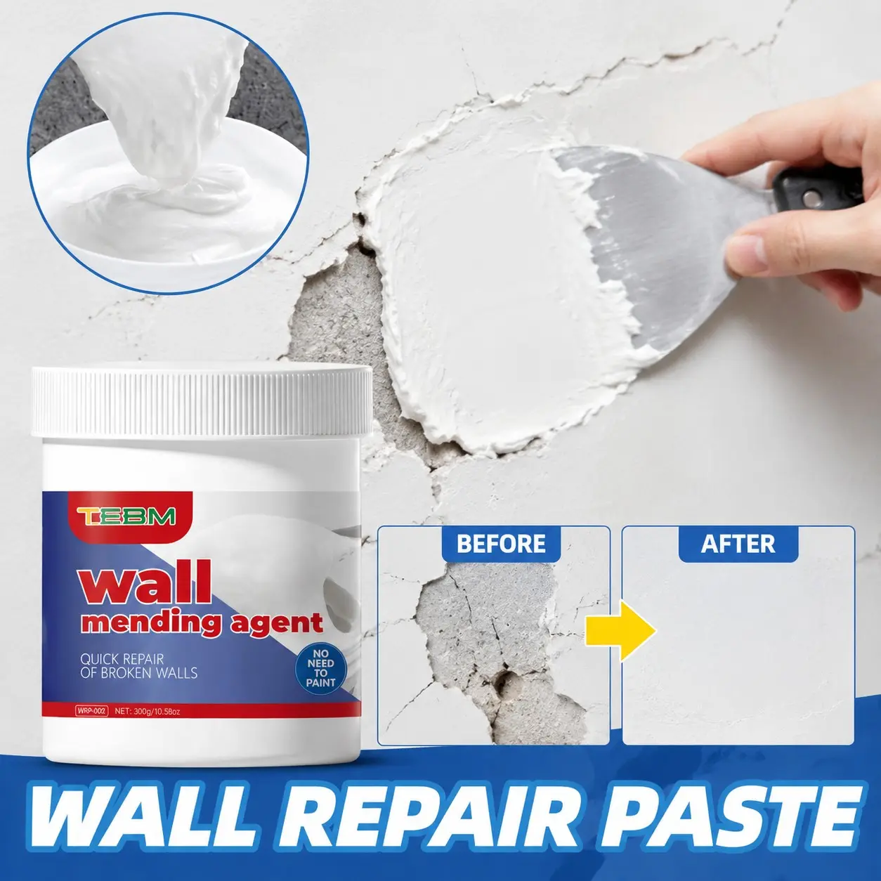 Home Wall Repair Kit, Fast-Drying Waterproof Crack-Resistant Wall Hole Putty, 500g/300g/100g with Scraper, DIY Friendly, Easy to Use