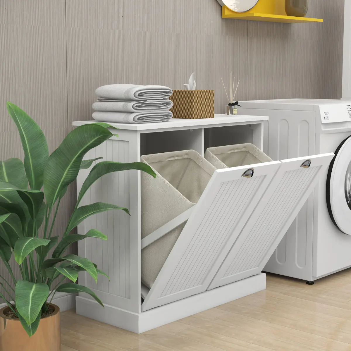 White Rectangular Laundry Sorter Cabinet, E1 Grade MDF UV Painted Storage Cabinet with 2 Removable Cloth Bags, Moisture-Proof Deformation Resistant Laundry Hamper, Space Saving Multipurpose Organizer for Bathroom Laundry Room