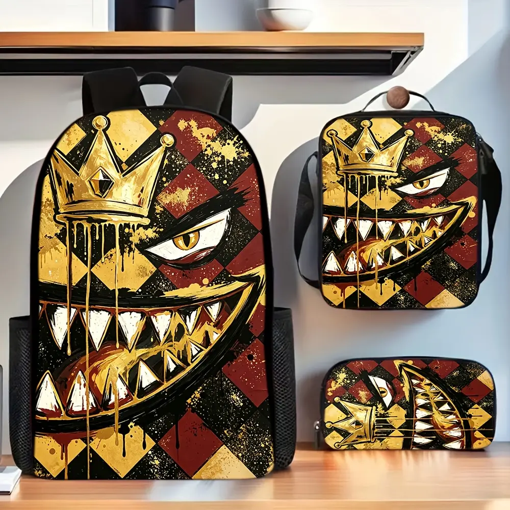 Retro Polyester Waterproof Back to School Backpack Set - Crown-Wearing Sharp-Teethed Devil Graffiti Print, 3-Piece (Backpack, Lunch Bag, Pencil Case) with Adjustable Straps, Zipper Closures, Lightweight Spacious School Supplies