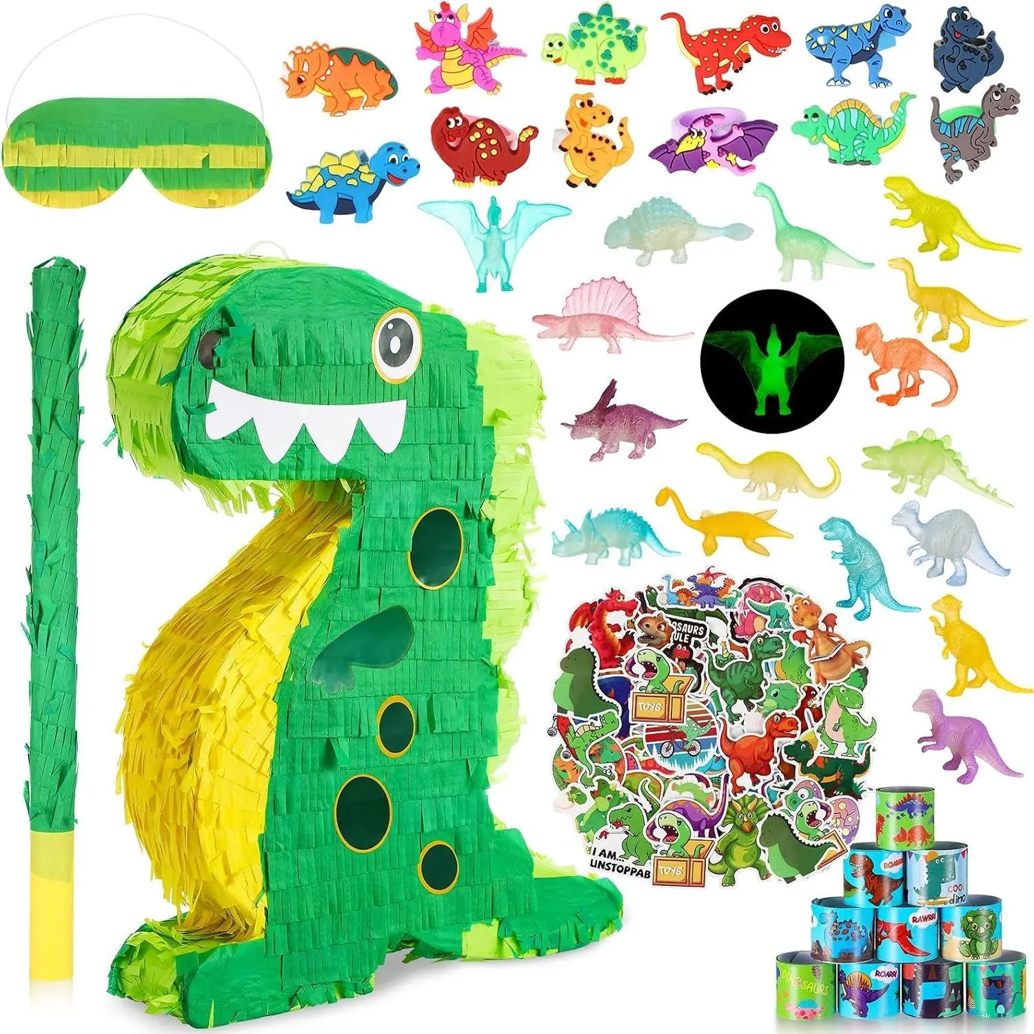 141 Pcs Dinosaur Piñata for Birthday Party, Dino Piñata Set with Blindfold and Baton, 16 x 12 x 3 Inch, Kids Dinosaur Themed Party Favors for Boys and Girls, Lovely Style