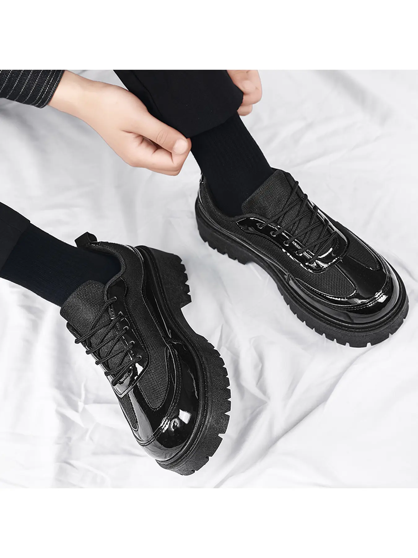 Men's Black Platform Oxford Shoes, Patent Leather Mesh Spliced Lace Up Chunky Sole Casual Dress Shoes, Non Slip Height Increasing Gothic Loafers, Flatform
