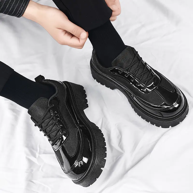 Men's Black Platform Oxford Shoes, Patent Leather Mesh Spliced Lace Up Chunky Sole Casual Dress Shoes, Non Slip Height Increasing Gothic Loafers, Flatform, Pu Oxfords