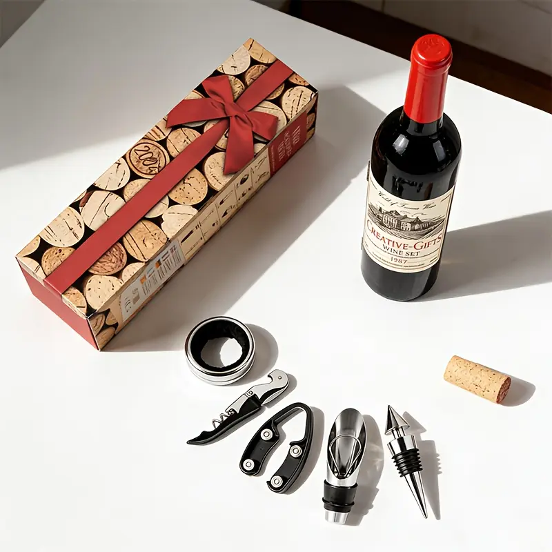 1 Set 5Pcs Metal Wine Opener Kit, Including Corkscrew, Wine Stopper, Pour Spout, Bottle Stopper, Wine Bottle Shape Design with Color Box Packing, Elegant Durable Gift for Christmas & Birthday