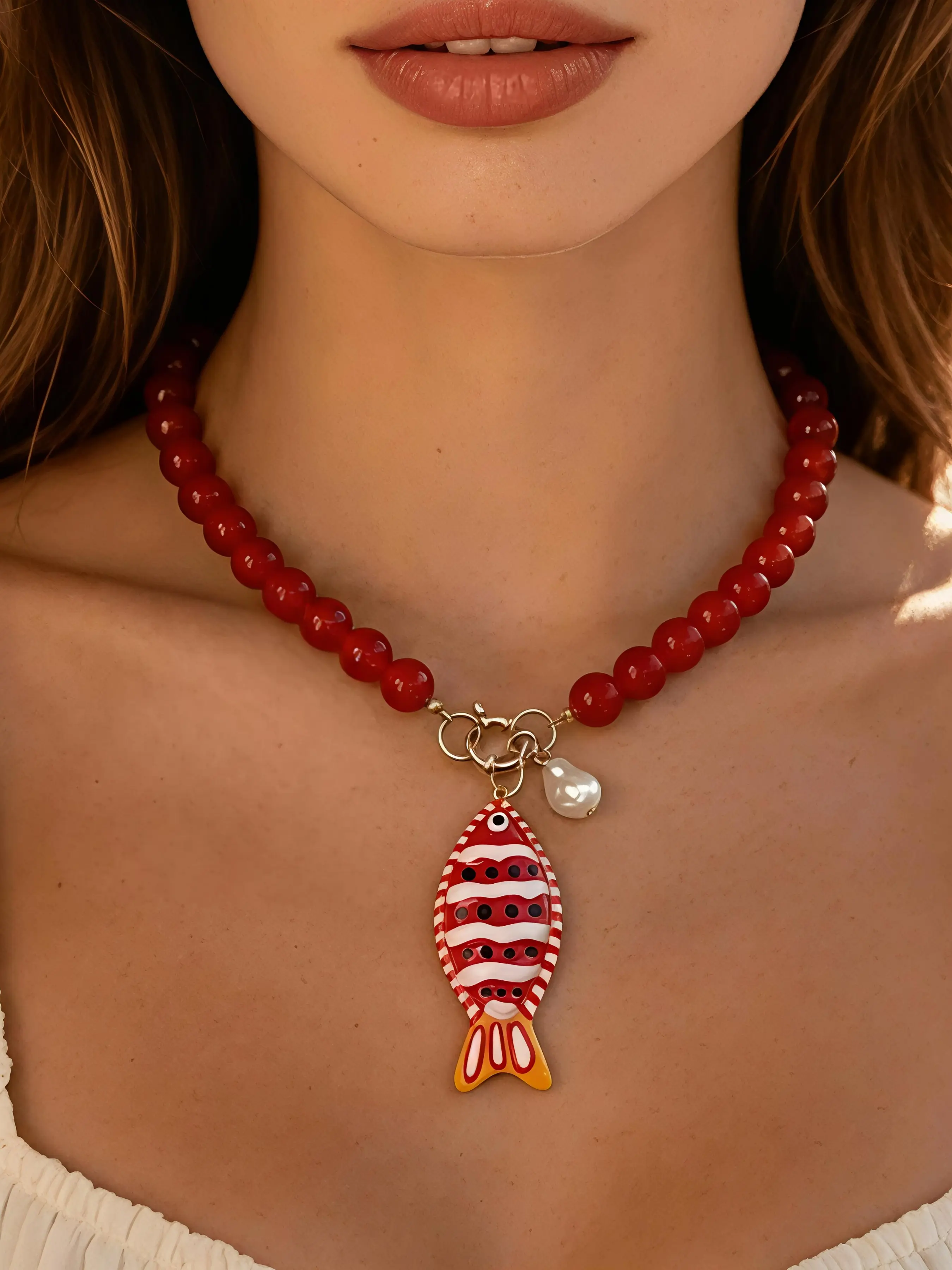 Women's Handpainted Fish Resin Pendant Beaded Necklace, Boho Style Necklace, Multicolor Beads Bohemian Ocean Style, Summer Gift, Beach Party Jewelry, Beachy Jewelry